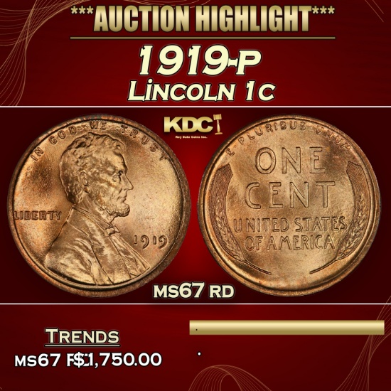 1919-p Lincoln Cent 1c ms67 rd SEGS