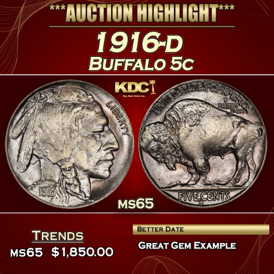 1916-d Buffalo Nickel 5c ms65 SEGS