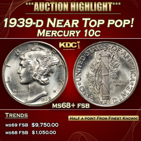 1939-d Mercury Dime Near Top pop! 10c ms68+ fsb SEGS