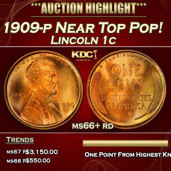 1909-p Lincoln Cent Near Top Pop! 1c ms66+ rd SEGS
