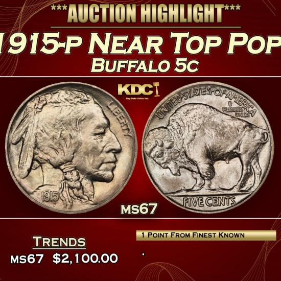 1915-p Buffalo Nickel Near Top Pop! 5c ms67 SEGS