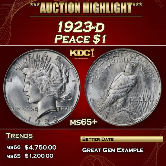 1923-d Peace Dollar $1 ms65+ SEGS