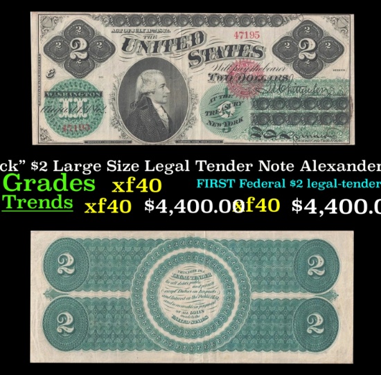 1862 $2 Large Size Legal Tender Note "Greenback" Alexander Hamilton Grades xf FR-41