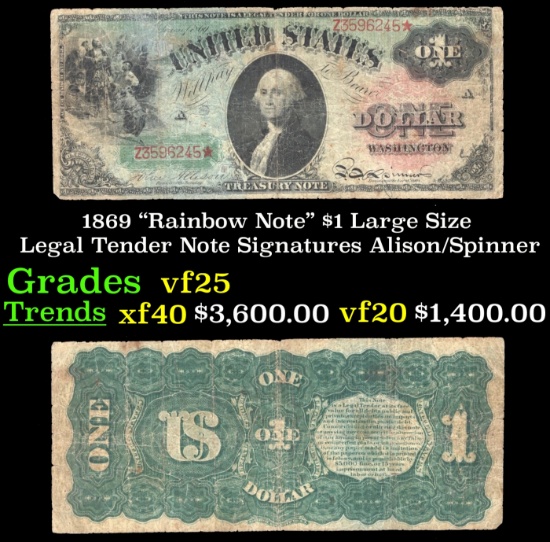 1869 $1 Large Size Legal Tender Note "Rainbow Note" Grades vf+ Signatures Alison/Spinner
