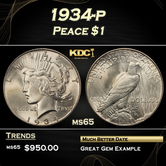 1934-p Peace Dollar $1 Grades ms65