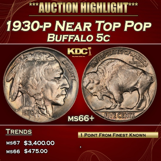 1930-p Buffalo Nickel Near Top Pop 5c ms66+ SEGS