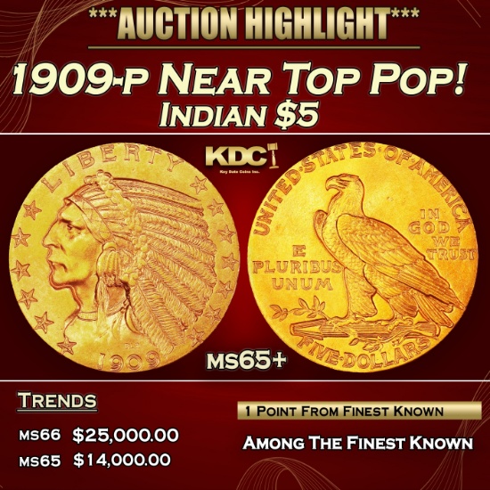 1909-p Gold Indian Half Eagle Near Top Pop! $5 ms65+ USCG