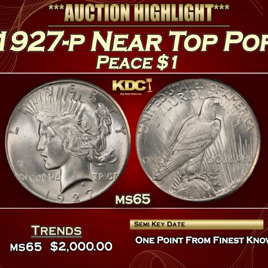 1927-p Peace Dollar Near Top Pop $1 ms65 SEGS