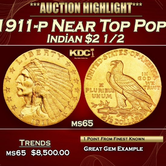 1911-p Gold Indian Quarter Eagle Near Top Pop! $2 1/2 ms65 SEGS
