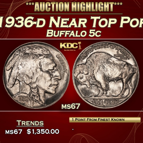 1936-d Buffalo Nickel Near Top Pop 5c ms67 SEGS