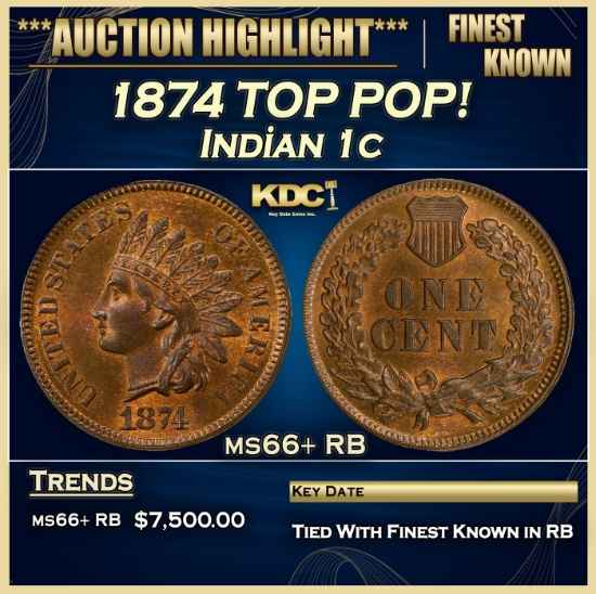 1874 Indian Cent TOP POP! 1c ms66+ RB SEGS