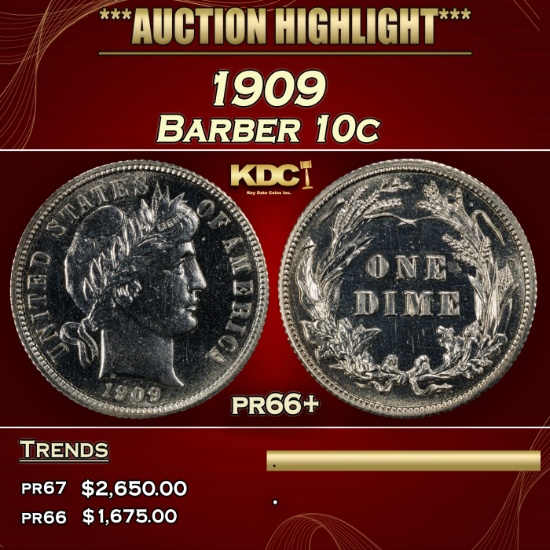 1909 Proof Barber Dime 10c pr66+ SEGS