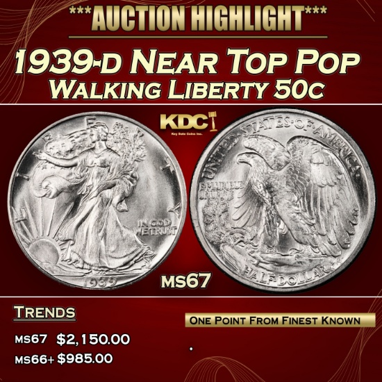 1939-d Walking Liberty Half Dollar Near Top Pop 50c ms67 SEGS