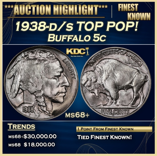 1938-d/s Buffalo Nickel TOP POP! 5c ms68+ SEGS