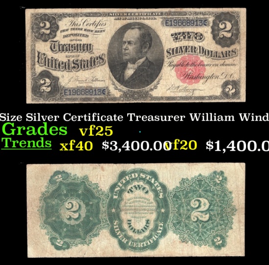 1891 $2 Large Size Silver Certificate "Windom Note" Treasurer William Windom Grades vf+ Signatures T