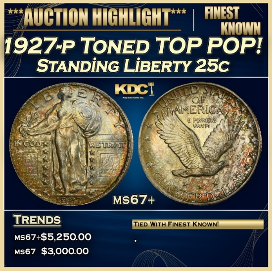 1927-p Standing Liberty Quarter Toned TOP POP! 25c ms67+ SEGS