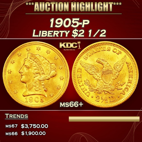 1905-p Gold Liberty Quarter Eagle $2 1/2 ms66+ SEGS