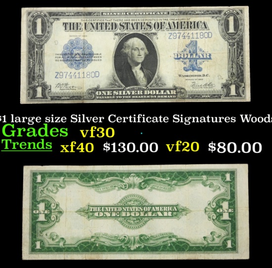 1923 $1 large size Silver Certificate Grades vf++ Signatures Woods/White