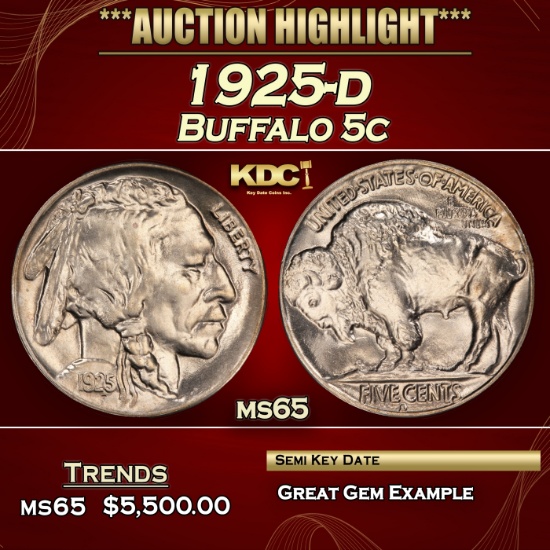 1925-d Buffalo Nickel 5c ms65 SEGS