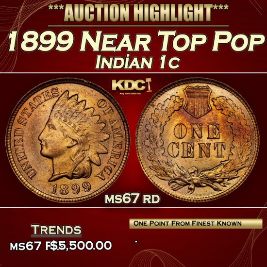 1899 Indian Cent Near Top Pop 1c ms67 rd SEGS
