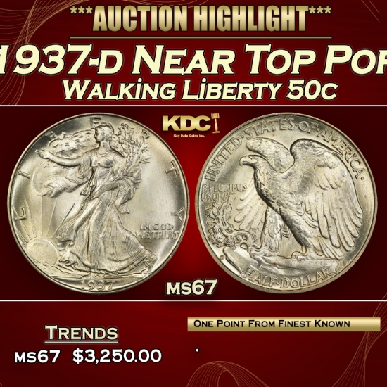 1937-d Walking Liberty Half Dollar Near Top Pop 50c ms67 SEGS