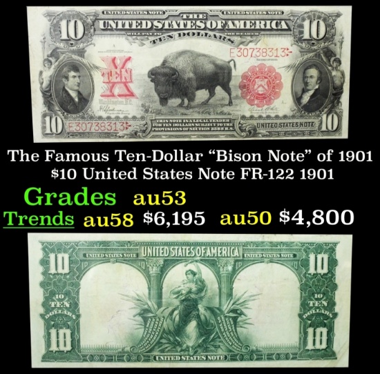 The $10 United States Note Famous Ten-Dollar "Bison Note" of 1901 FR-122 Grades Select AU 1901