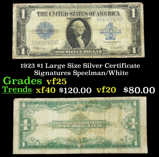 1923 $1 large size Silver Certificate Grades vf+ Signatures Speelman/White