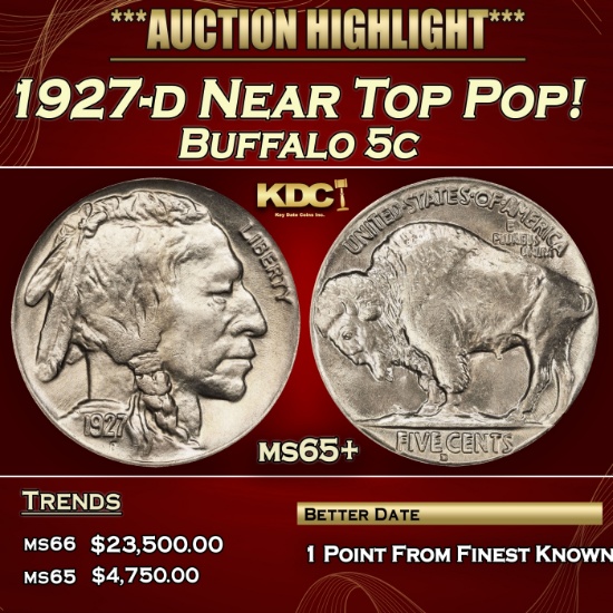1927-d Buffalo Nickel Near Top Pop! 5c ms65+ SEGS