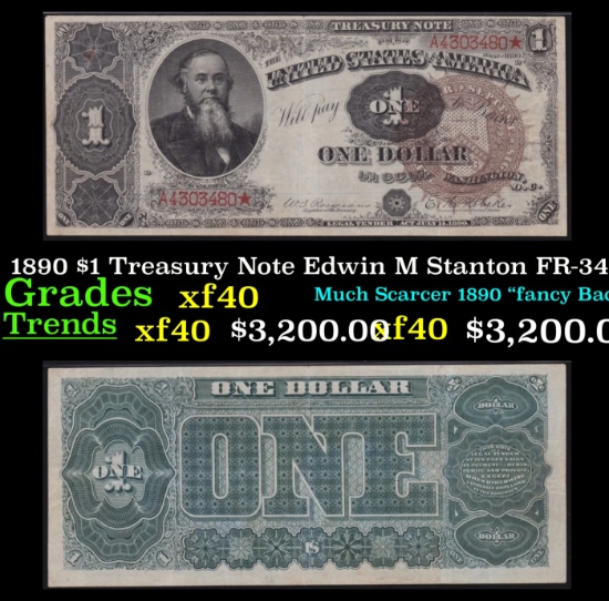 1890 $1 Treasury Note Edwin M Stanton Grades xf FR-348