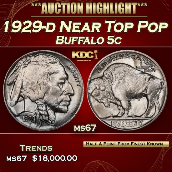 1929-d Buffalo Nickel Near Top Pop 5c ms67 SEGS