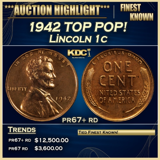 1942 Proof Lincoln Cent TOP POP! 1c pr67+ rd SEGS
