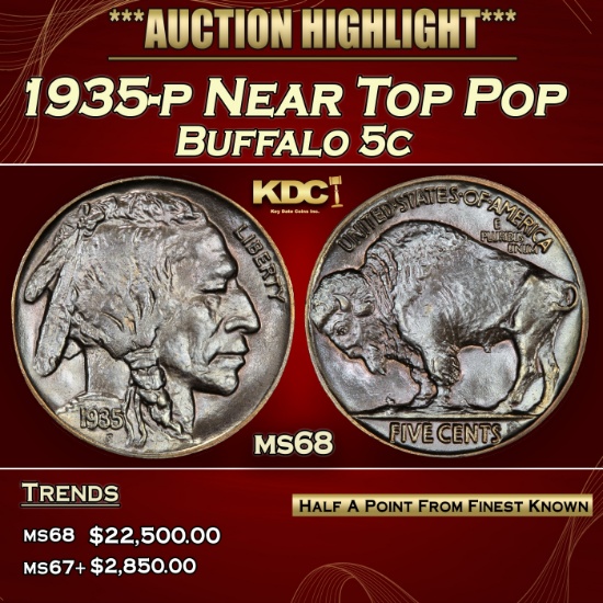1935-p Buffalo Nickel Near Top Pop 5c ms68 SEGS