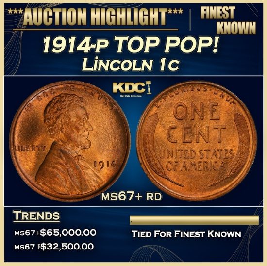 1914-p Lincoln Cent TOP POP! 1c ms67+ rd SEGS