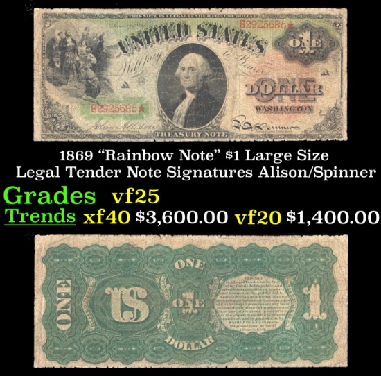 1869 $1 Large Size Legal Tender Note "Rainbow Note" Grades vf+ Signatures Alison/Spinner