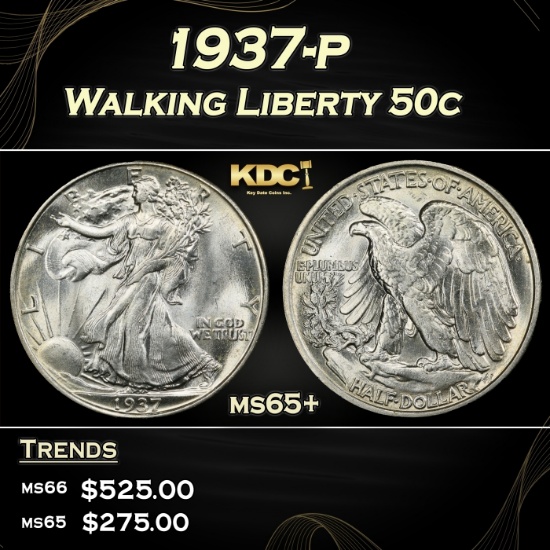 1937-p Walking Liberty Half Dollar 50c Grades ms65+