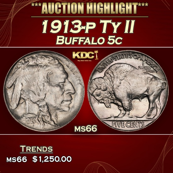 1913-p Ty II Buffalo Nickel 5c ms66 SEGS