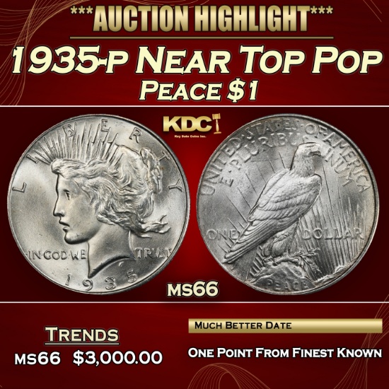 1935-p Peace Dollar Near Top Pop $1 ms66 SEGS