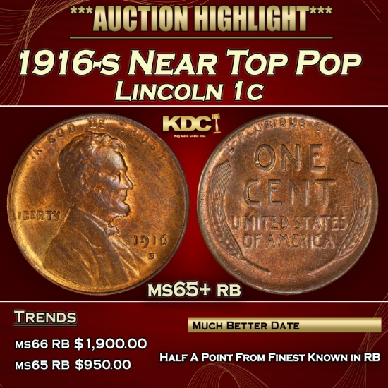 1916-s Lincoln Cent Near Top Pop 1c ms65+ rb SEGS