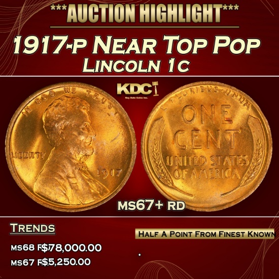 1917-p Lincoln Cent Near Top Pop 1c ms67+ rd SEGS