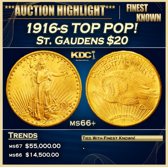 1916-s Gold St. Gaudens Double Eagle TOP POP! $20 ms66+ SEGS