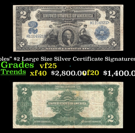 1899 $2 Large Size Silver Certificate "Mini-Portholes" Grades vf+ Signatures Napier/Thompson