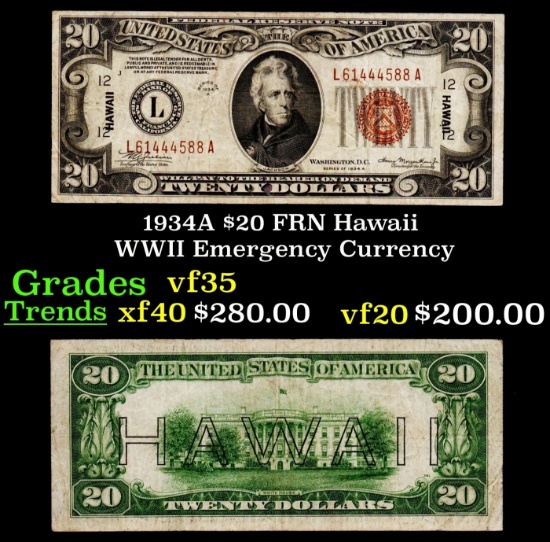 1934A $20 FRN Hawaii WWII Emergency Currency Grades vf++