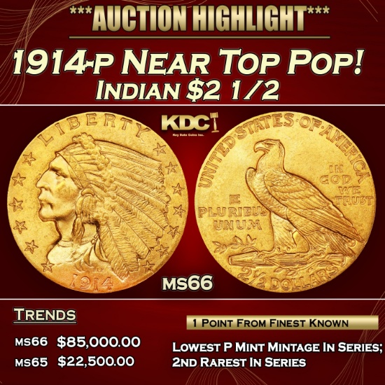 1914-p Gold Indian Quarter Eagle Near Top Pop! $2 1/2 ms66 USCG