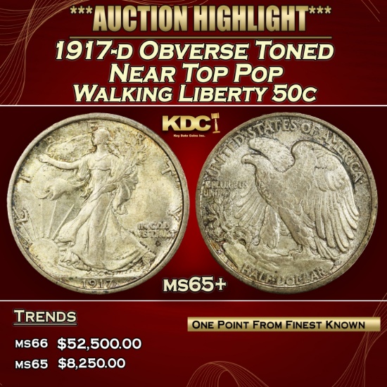 1917-d Obverse Walking Liberty Half Dollar Toned Near Top Pop 50c ms65+ SEGS