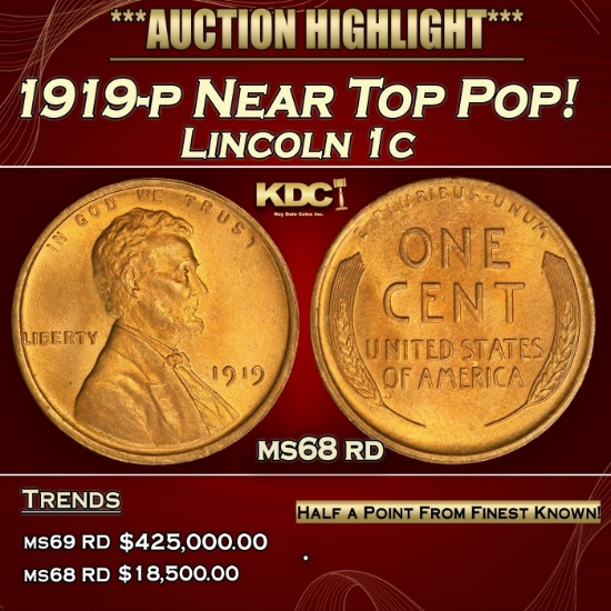 1919-p Lincoln Cent Near Top Pop! 1c ms68 rd SEGS