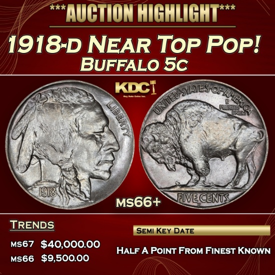 1918-d Buffalo Nickel Near Top Pop! 5c ms66+ SEGS