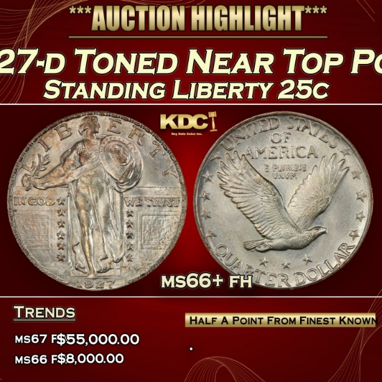 1927-d Standing Liberty Quarter Toned Near Top Pop 25c ms66+ fh SEGS