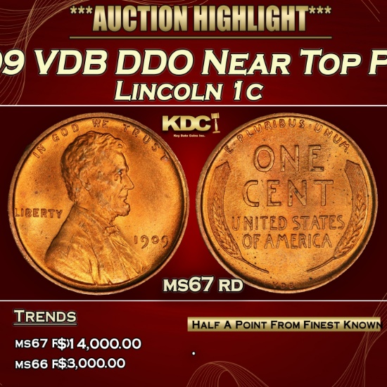 1909 VDB DDO Lincoln Cent Near Top Pop 1c ms67 rd SEGS