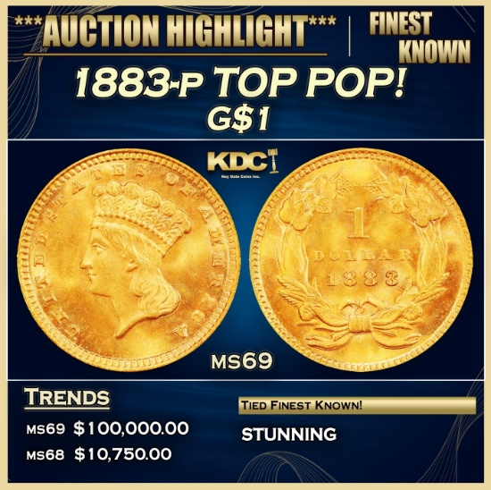 1883-p Gold Dollar TOP POP! $1 ms69 SEGS