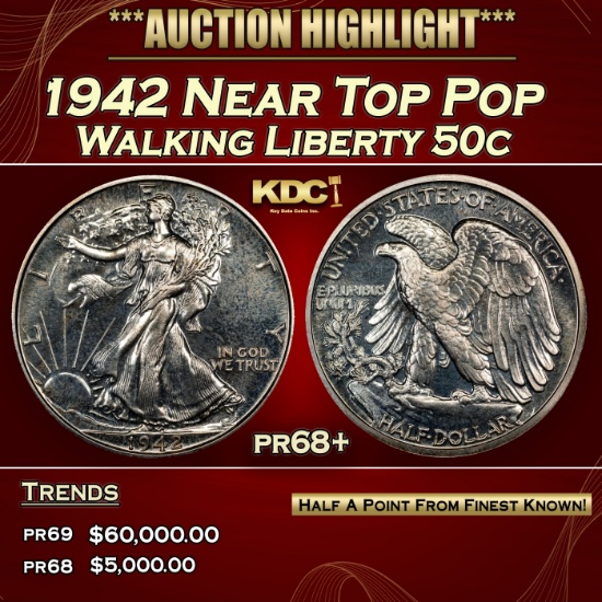 1942 Proof Walking Liberty Half Dollar Near Top Pop 50c pr68+ SEGS